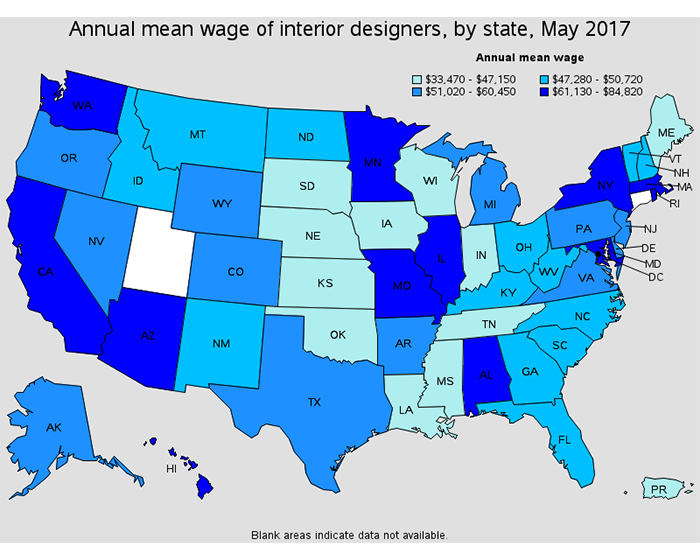 Average wage for inteior designers in 2017 by state