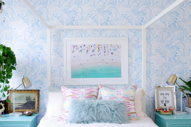 Photo of Palm Springs-inspired bedroom illustrating a Kenspired beach look.