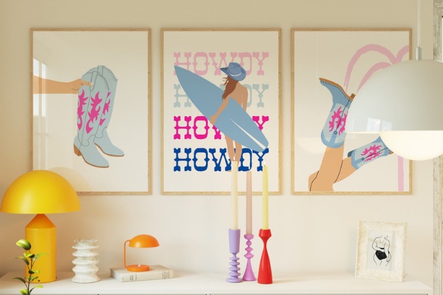 Photo of a trio of hot pink and pastel beach cowgirl framed prints illustrating how to add Western touches to your home.