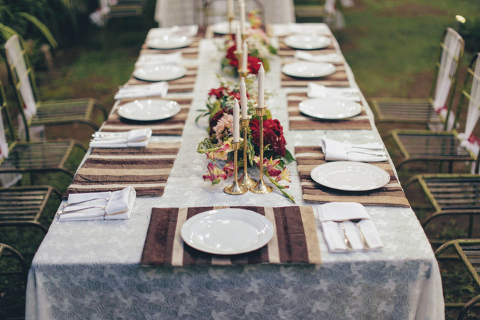patterned tablecloth, wedding table setting